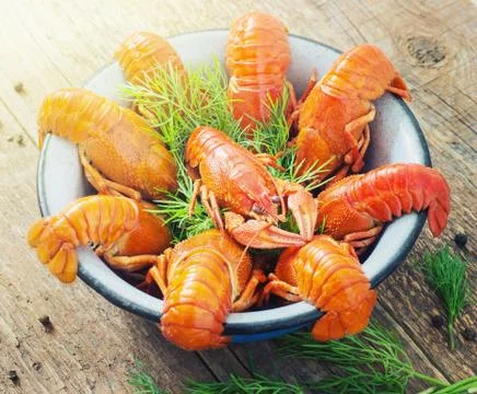 Crawfish on wooden background Stock Photos