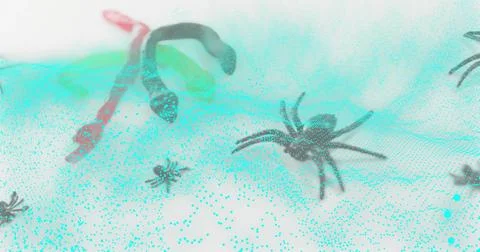 Crawling tarantula spider at right on white backdrop, with teal particle mesh Foto stock
