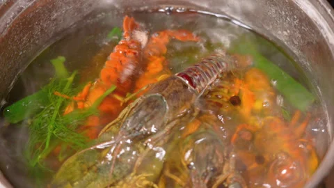 Crayfish boiled in a saucepan Stock Footage 254690075