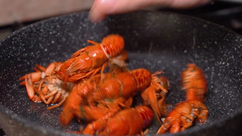 Crayfish fried in a frying pan Stock Footage 254684623