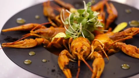 Crayfish with vegetables and clams. 360 rotation food Video stock 195297724