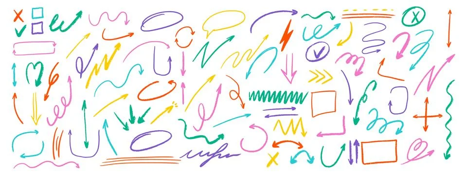 Crayon arrow set with doodle marks, swirls, checkmarks, crosses, and sketch.. Stock Illustration
