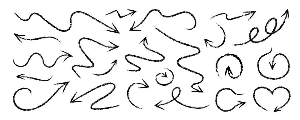 Crayon Arrow Squiggle Vector Icon Set. Chalk Scribble Pointer Shape Collection Stock Illustration