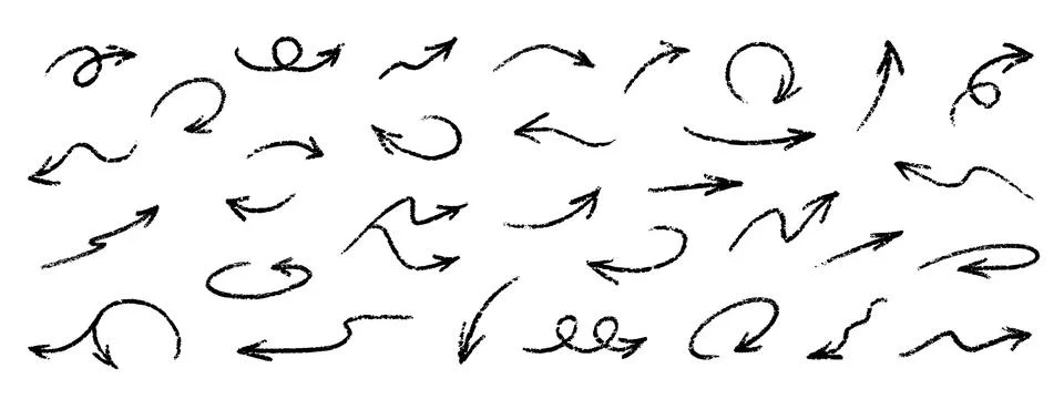 Crayon Arrow Squiggle Vector Icon Set. Chalk Scribble Pointer Shape Collection Stock Illustration