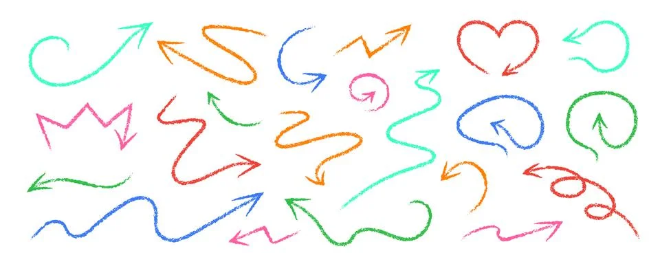 Crayon Arrows Squiggle Vector Set. Chalk Scribble Pointer Shapes Collection Stock Illustration