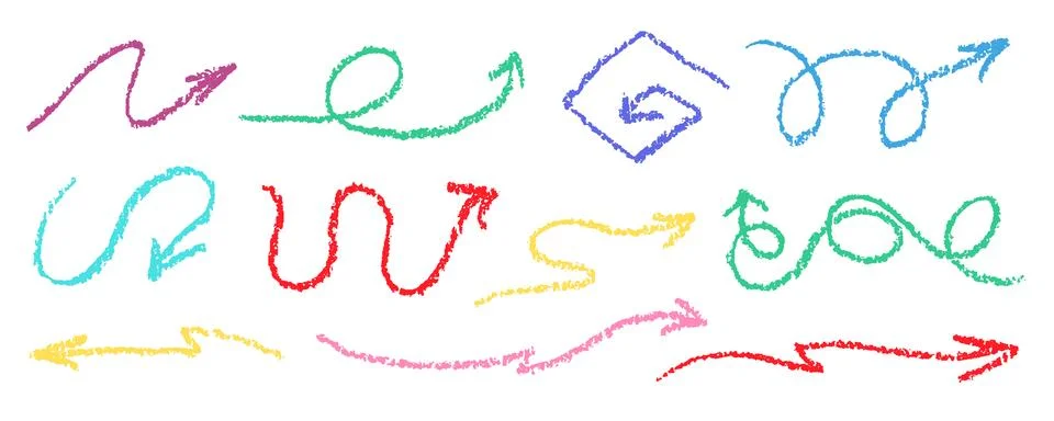 Crayon Arrows Squiggle Vector Set. Chalk Scribble Pointer Shapes Collection Illustrazione stock