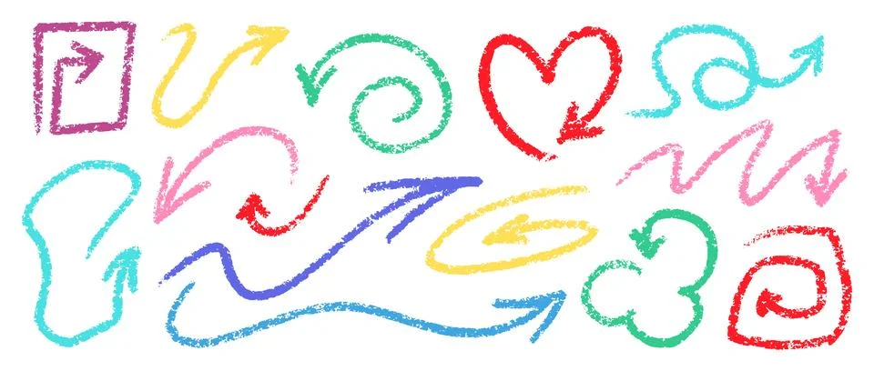 Crayon Arrows Squiggle Vector Set. Chalk Scribble Pointer Shapes Collection Stockillustratie