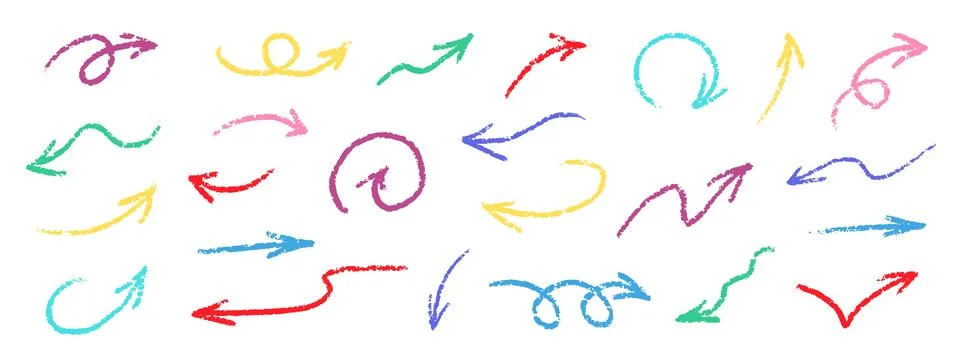 Crayon Arrows Squiggle Vector Set. Chalk Scribble Pointer Shapes Collection Stock Illustration