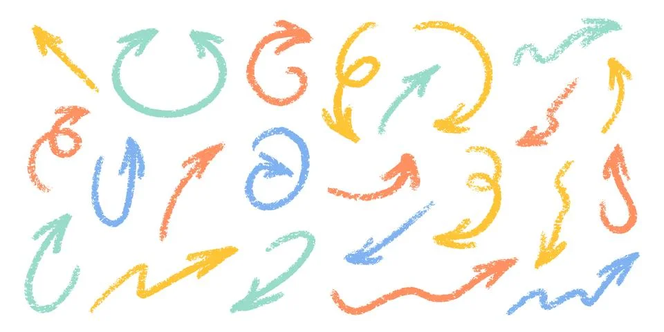 Crayon Arrows Squiggle Vector Set. Chalk Scribble Pointer Shapes Collection 스톡 일러스트