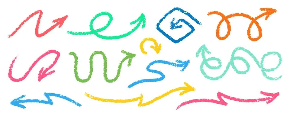 Crayon Arrows Squiggle Vector Set. Chalk Scribble Pointer Shapes Collection Stockillustratie