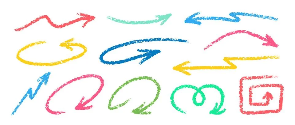 Crayon Arrows Squiggle Vector Set. Chalk Scribble Pointer Shapes Collection Stockillustratie