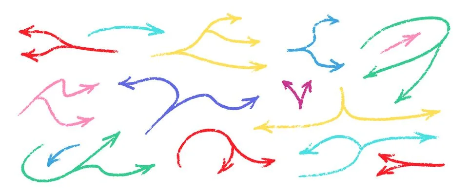 Crayon Arrows Squiggle Vector Set. Chalk Scribble Pointer Shapes Collection Stock Illustration