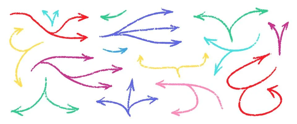 Crayon Arrows Squiggle Vector Set. Chalk Scribble Pointer Shapes Collection Stockillustratie