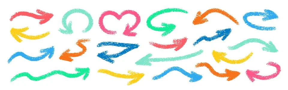 Crayon Arrows Squiggle Vector Set. Chalk Scribble Pointer Shapes Collection Stockillustratie