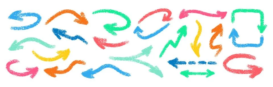 Crayon Arrows Squiggle Vector Set. Chalk Scribble Pointer Shapes Collection Stock Illustration