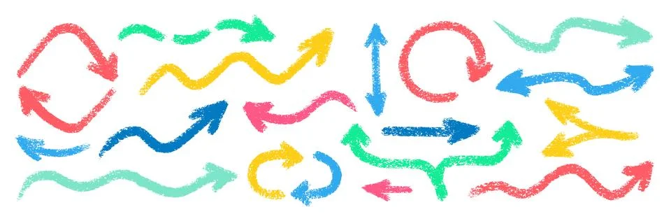Crayon Arrows Squiggle Vector Set. Chalk Scribble Pointer Shapes Collection Stock Illustration