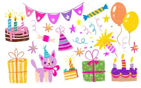 Crayon birthday party elements set 스톡 일러스트