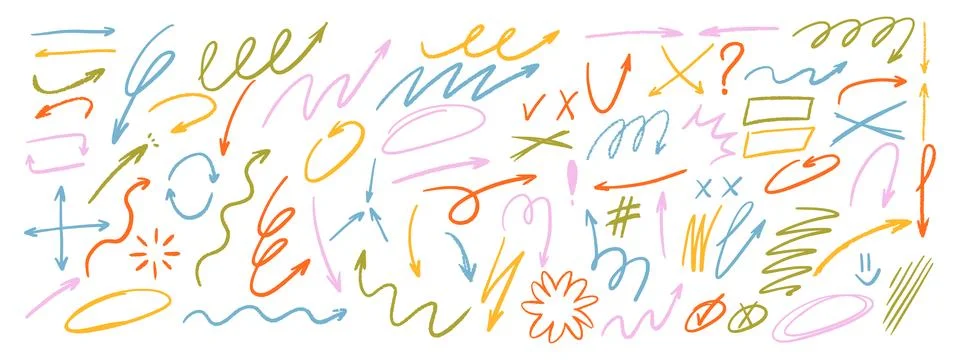 Crayon brush arrows with pencil scribbles, crosses, checkboxes, and abstrac.. 스톡 일러스트