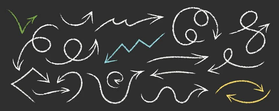 Crayon Chalk Arrows Squiggle Vector Set. Kids Scribble Pointer Shapes Collection Stock Illustration