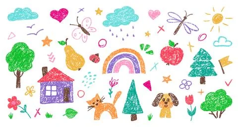 Crayon chalk kid element set by hand drawn for children design. Cute Illustrazione stock