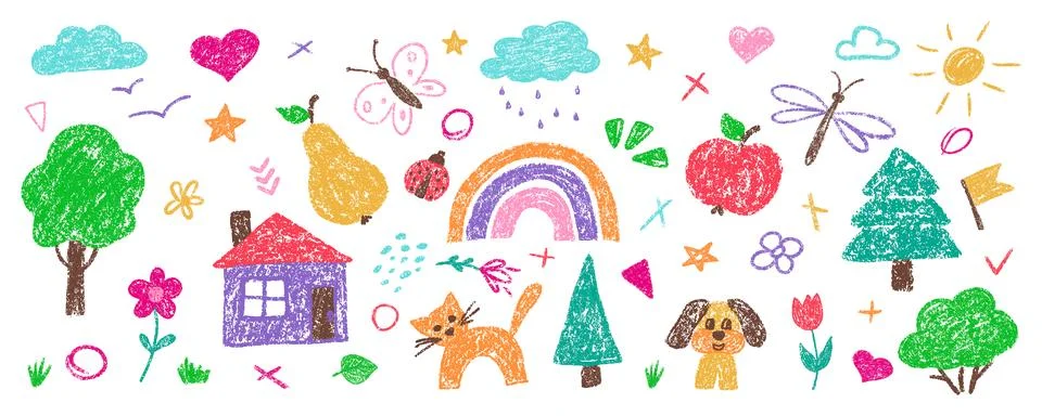 Crayon chalk kindergarten element set by hand drawn for children design. Cute Illustrazione stock