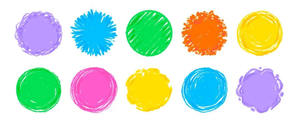 Crayon circle shape frame set. Hand drawn sketch brush line round childish shape Stock-Illustration