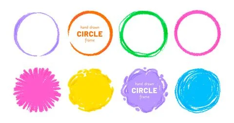 Crayon circle shape frame set. Hand drawn sketch brush line round childish shape Stock Illustration