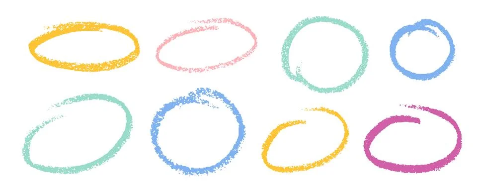 Crayon Circular Shapes Vector Set. Chalk Scribble Round Highlight Collection Ilustración de archivo