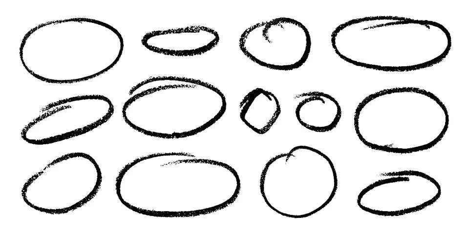 Crayon Circular Shapes Vector Set. Chalk Scribble Round Highlight Collection Illustrazione stock