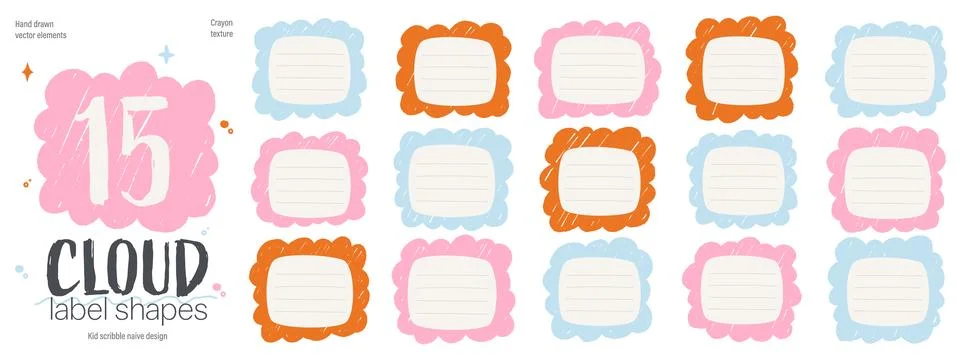 Crayon cloud label frames. Rough fluffy edges with scribble texture. Sketch.. 库存插图