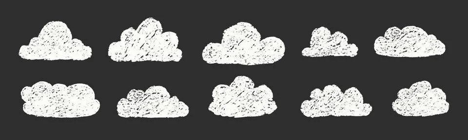 Crayon Clouds Bubbles Vector Set. Chalk Scribble Foggy Shapes Collection. Black 스톡 일러스트