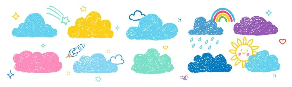 Crayon Clouds Bubbles Vector Set. Chalk Scribble Foggy Shapes Collection. Black Illustrazione stock