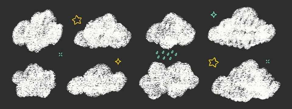 Crayon Clouds Bubbles Vector Set. Chalk Scribble Foggy Shapes Collection. Black Illustrazione stock