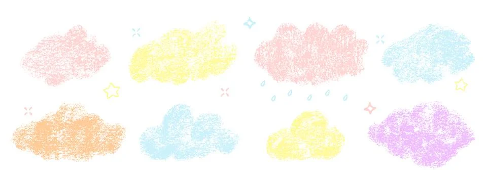 Crayon Clouds Bubbles Vector Set. Chalk Scribble Foggy Shapes Collection. Black Illustrazione stock