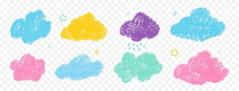 Crayon Clouds Bubbles Vector Set. Chalk Scribble Foggy Shapes Collection. Black Stock Illustration