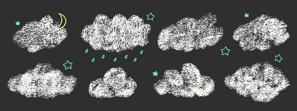 Crayon Clouds Bubbles Vector Set. Chalk Scribble Foggy Shapes Collection. Black Illustrazione stock