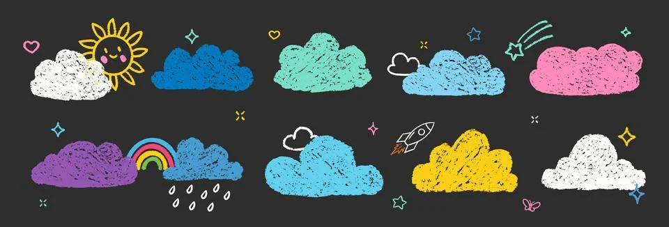 Crayon Clouds Bubbles Vector Set. Chalk Scribble Foggy Shapes Collection. Black Stock Illustration