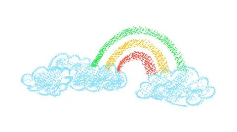 Crayon clouds with rainbow. Cloudy weather drawn by charcoal or chalk. Colorful Stock Illustration