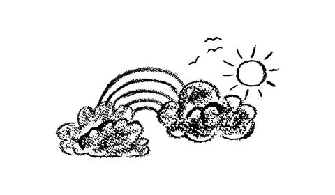 Crayon clouds with rainbow. Sky with sun and silhouette of a flock of birds Stock Illustration