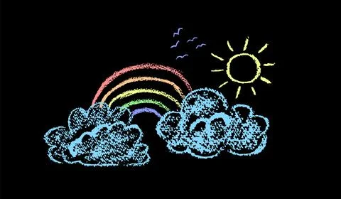 Crayon clouds with rainbow. Sky with sun and silhouette of a flock of birds Stock Illustration