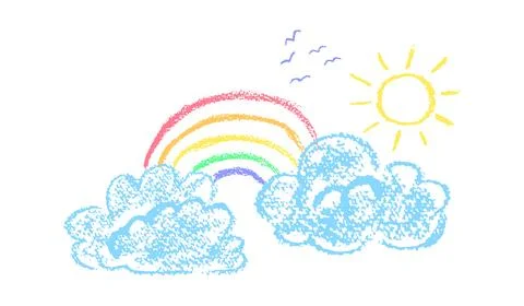 Crayon clouds with rainbow. Sky with sun and silhouette of a flock of birds Stock Illustration