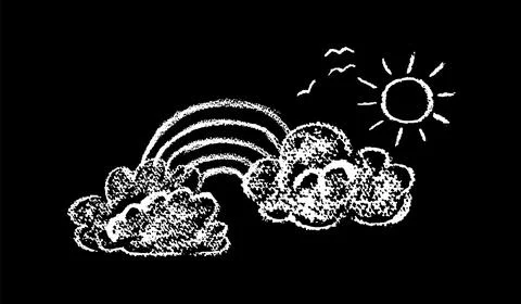 Crayon clouds with rainbow. Sky with sun and silhouette of a flock of birds Stock Illustration