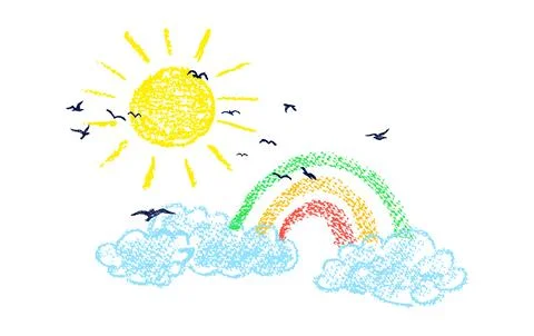 Crayon clouds with rainbow. Sky with sun and silhouette of a flock of birds Stock Illustration