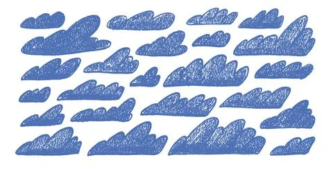 Crayon clouds set. Naive hand drawn sky pack. Kids chalk textured elements. 스톡 일러스트