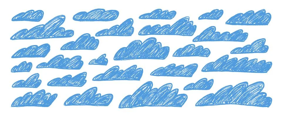 Crayon clouds set. Naive hand drawn sky pack. Kids chalk textured elements. 스톡 일러스트