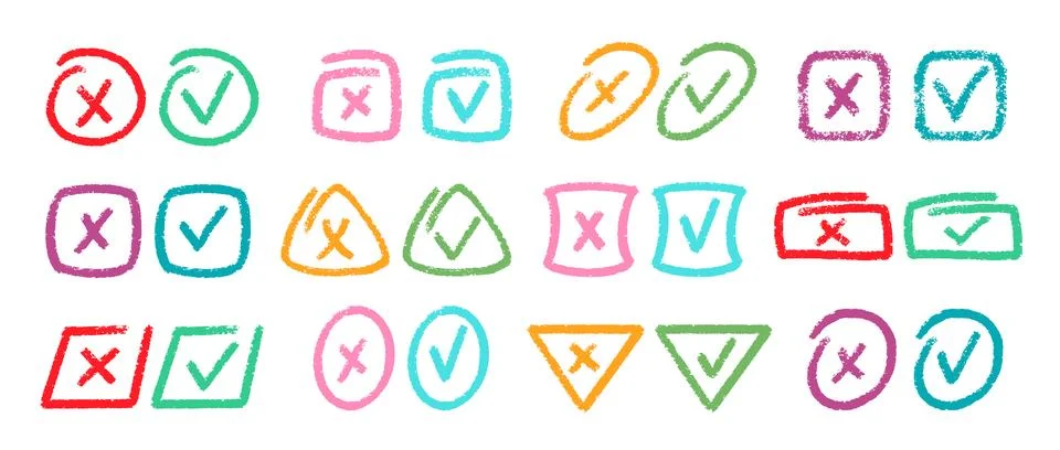Crayon Color Check Box Vector Set. Chalk Scribble Tick Mark Shapes Collection Illustrazione stock