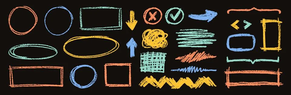 Crayon Color Squiggles Frames Vector Set. Chalk Scribble Underline Shapes Stock Illustration