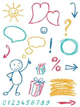 Crayon design element set and symbol like child's drawing funny art Stock Illustration