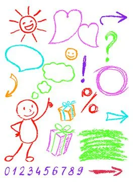 Crayon design element set and symbol like kid hand drawn funny artistic stroke Stock Illustration