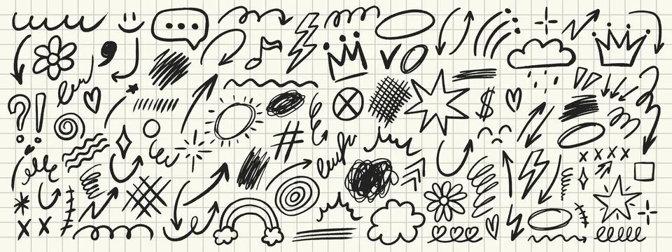Crayon doodle element set with hand drawn scribble arrows, stars and underl.. Stock Illustration